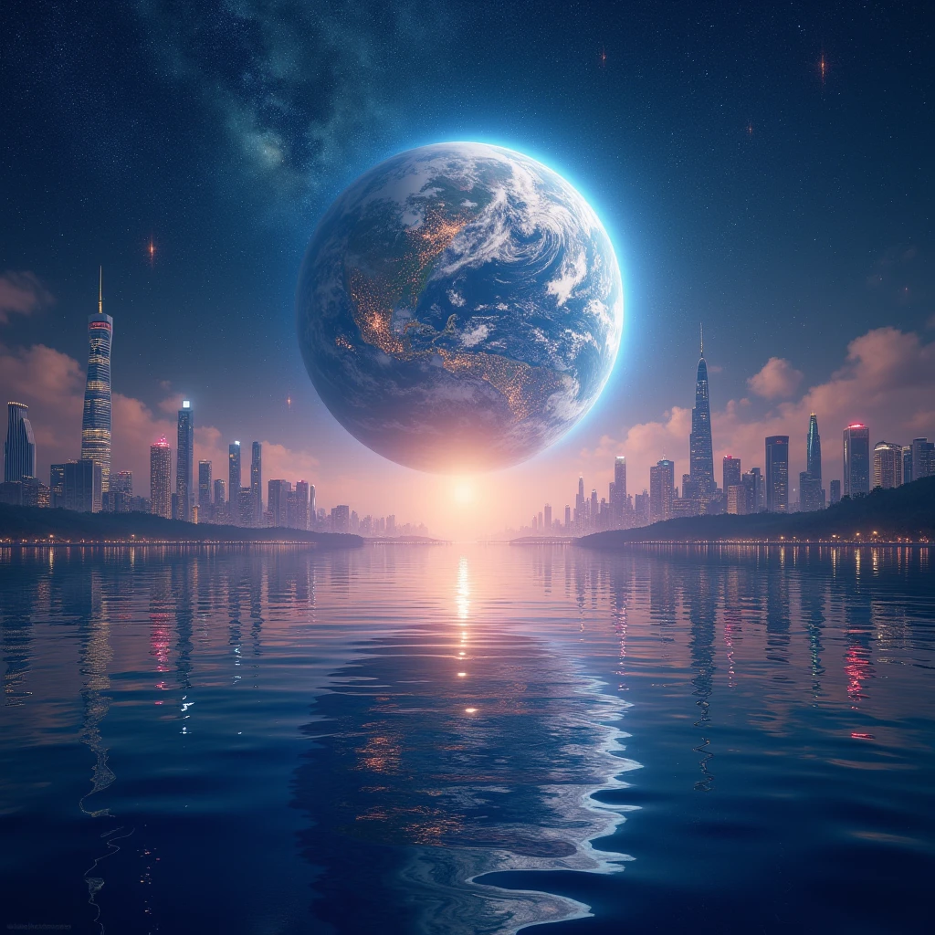 A large expanse of water in space reflecting the images of beautiful earth cities