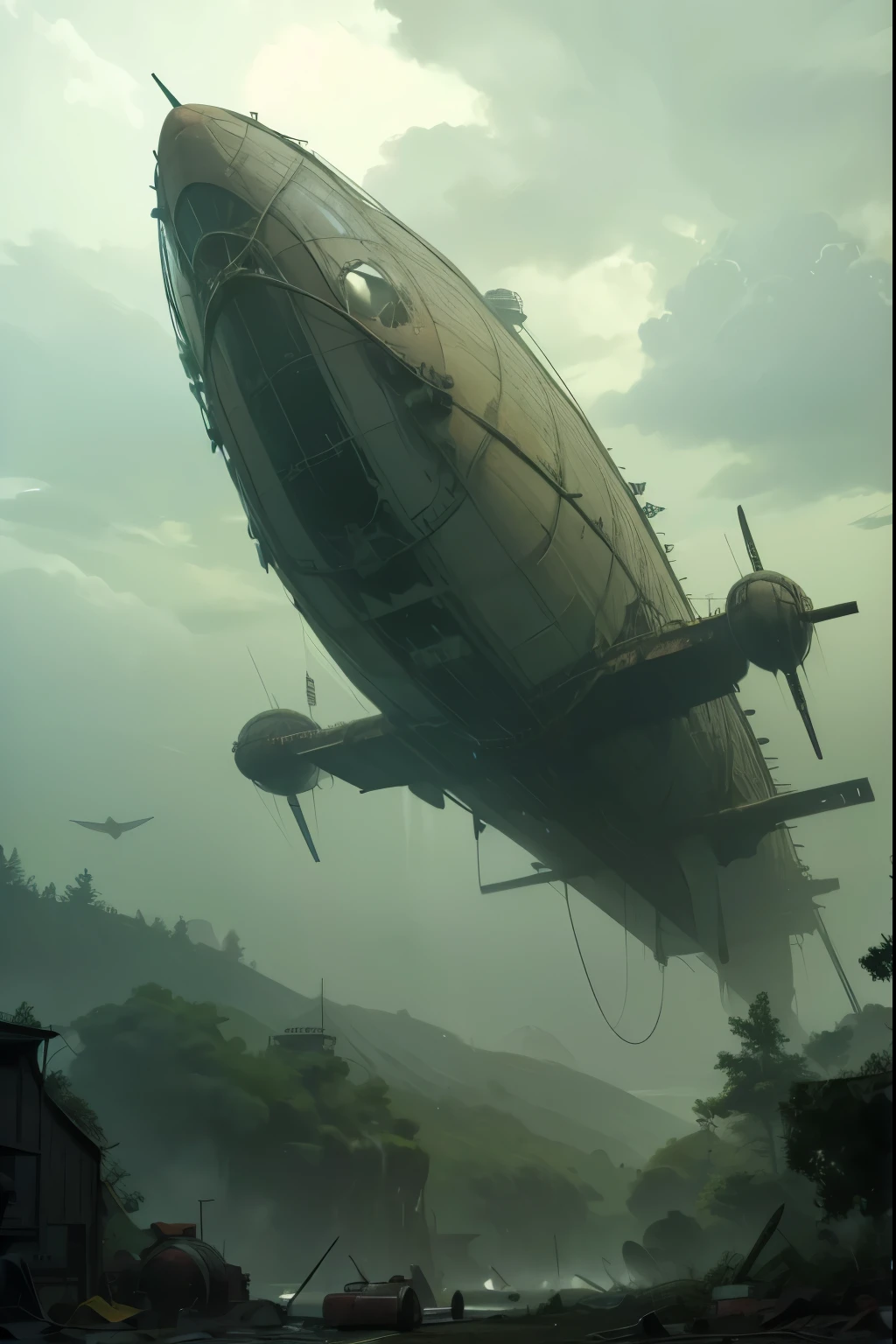 large conical airship, flying aircraft, blimp, long pointed air sac, cockpit in the nose of the airship with glass window, built with old tarps and slightly rusted metal, spinning blurry propeller turbines on either side pointing forward, flags hanging off the sides, slightly flat profile, narrow construction, sleek, sharp pointed end. forested background, low side profile, post-apocalyptic