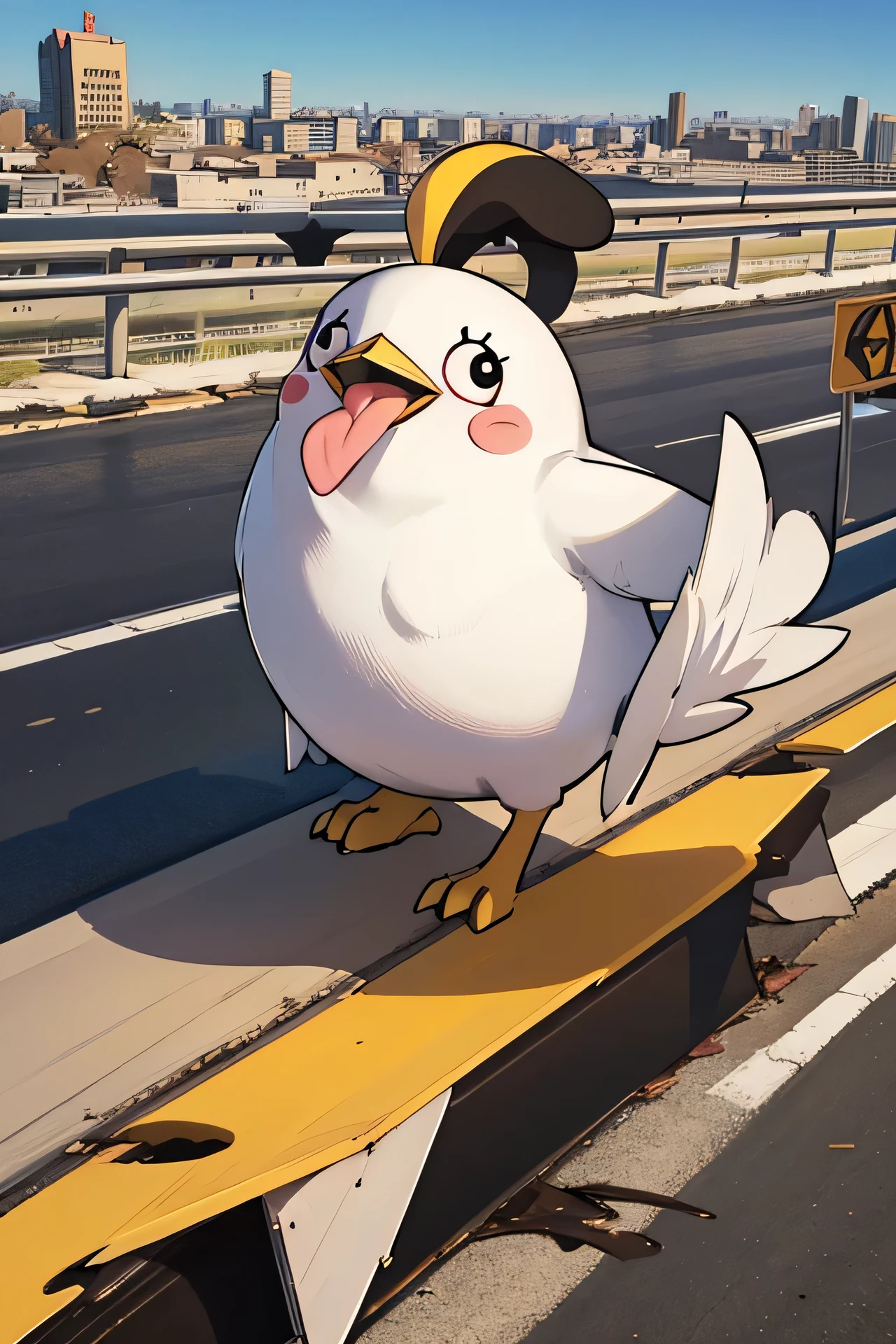 masterpiece, best quality, solo, perorosama,  full body, open mouth,standing, tongue, tongue out, black eyes, animal focus, bird, duck, duck feet, ahoge, wings, no humans, blush stickers, (highway, city, destruction:1.5),