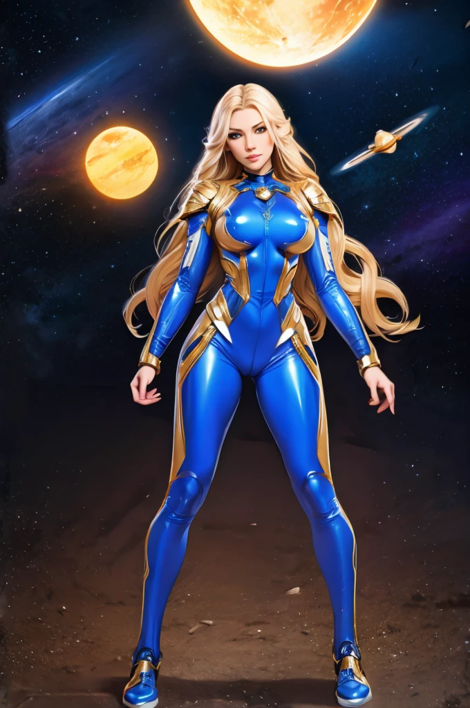 best quality, masterpiece, woman space super hero, beautiful face,full body,hi-tech armour over silver latex suit, long curly blonde hair,flying in super hero pose in deep space, with several planets and suns in the background
