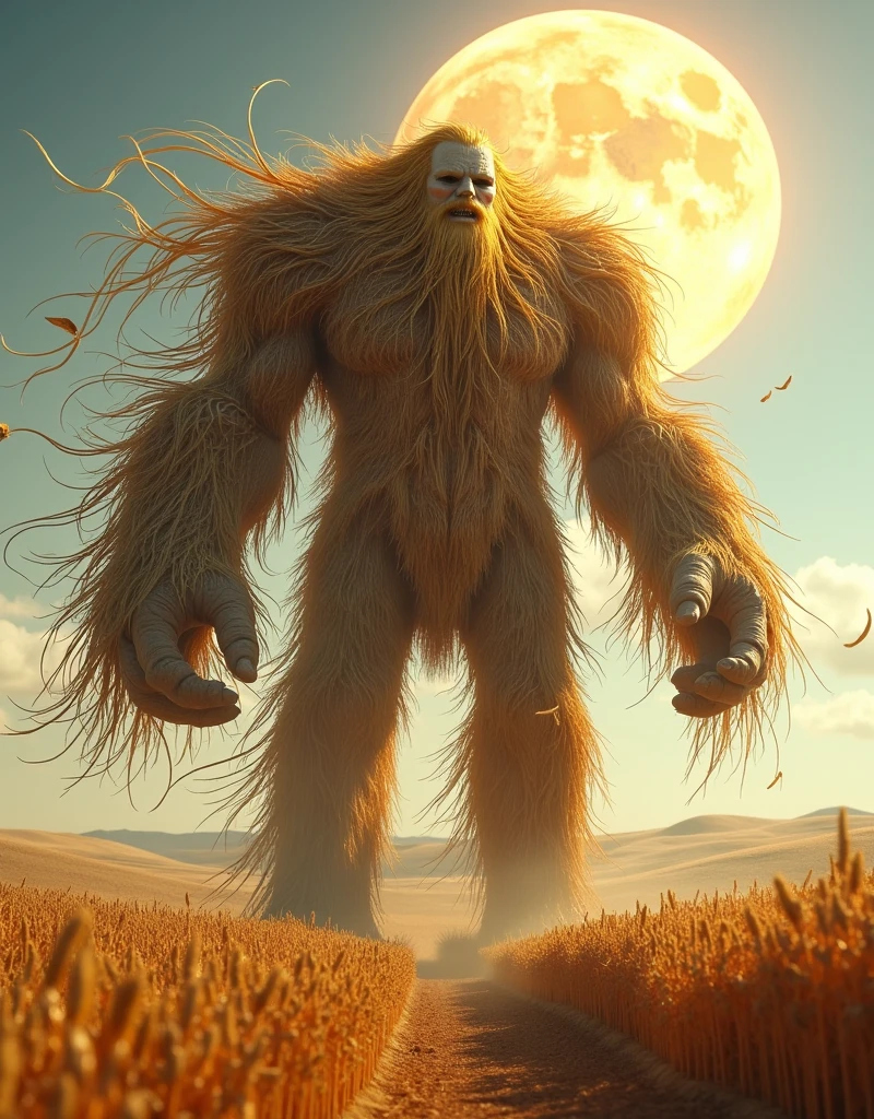 An epic demigod made of dry straw, a behemoth that walks through a farm in the Midwest, the wind is blowing away some of the straw from the demigods body, the scene is lit by the enormous sun in the sky, hyper detailed, detailed textures, focused dynamic lighting, vibrant colors, spectacular shadowing, HDR0, 32k