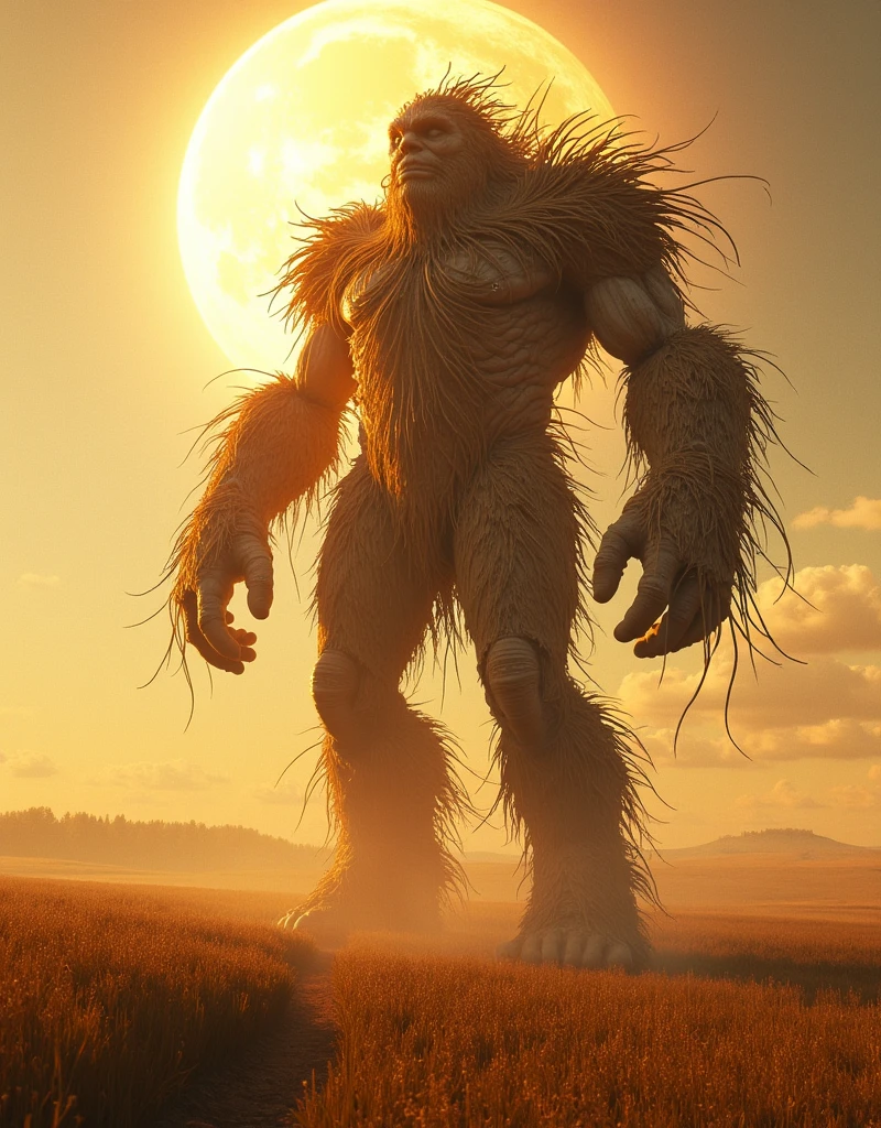 An epic demigod made of dry straw, a behemoth that walks through a farm in the Midwest, the wind is blowing away some of the straw from the demigods body, the scene is lit by the enormous sun in the sky, hyper detailed, detailed textures, focused dynamic lighting, vibrant colors, spectacular shadowing, HDR0, 32k