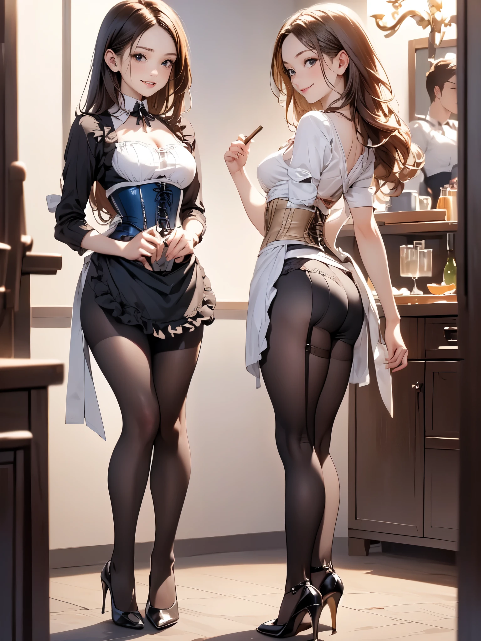 Anime, Maid outfit White suspender stockings, , Delicate pattern,, no clothes, correct anatomy --auto