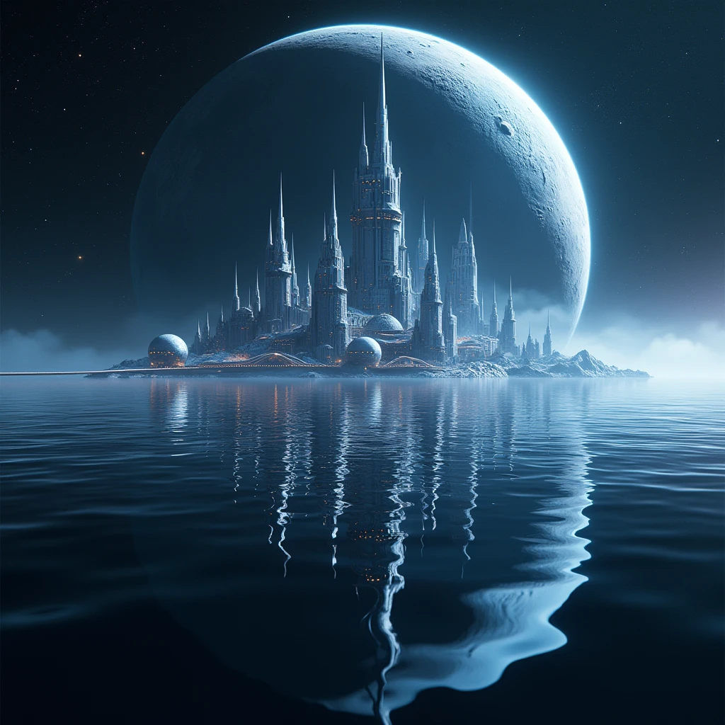 A large expanse of water in the galaxy reflecting the images of beautiful cities