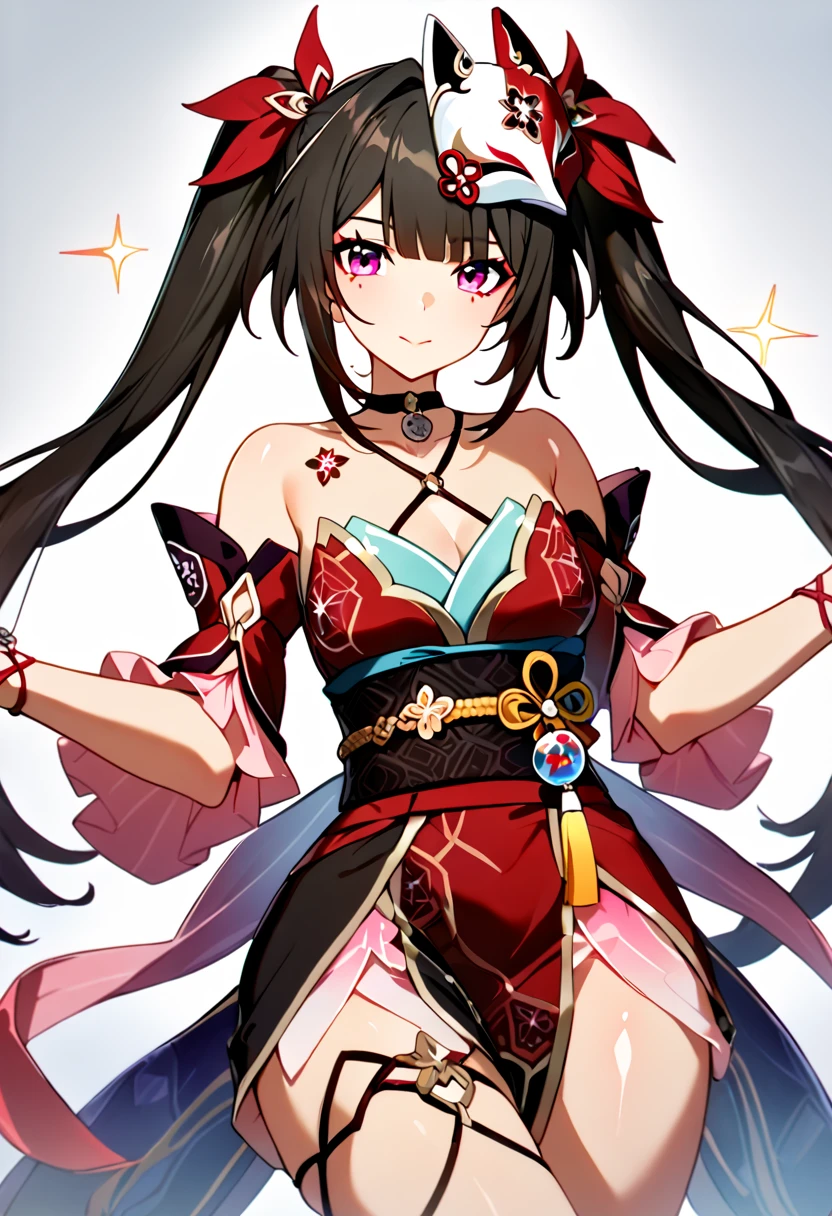 ((best quality, amazing quality, very aesthetic, highres, incredibly absurdres, retouched, smooth lines, excellent color,shiny skin )), sparkle_(honkai:_star_rail)  ,twintails, hair ornament, off shoulder kimono, mask on head, detached sleeves, choker, obi, single glove, cross-laced sandals, wristband, criss-cross halter, thigh strap
,looking at viewer