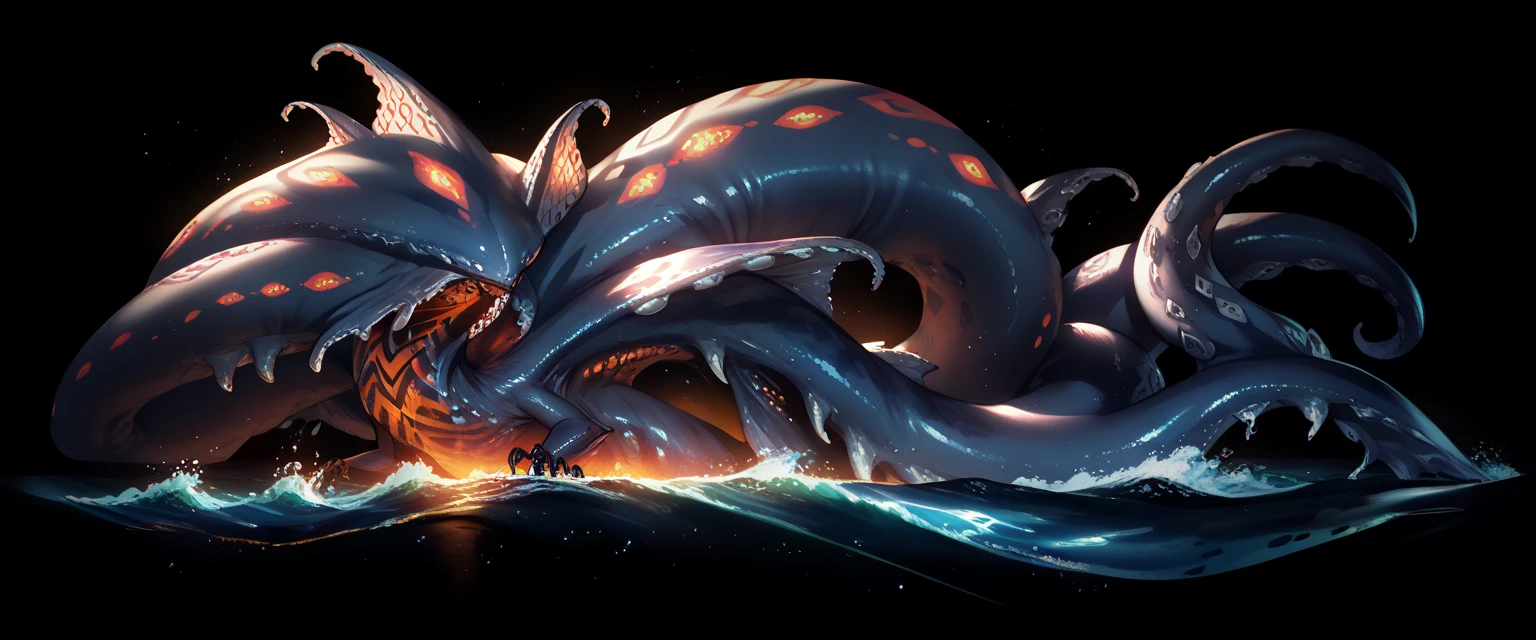 Solo, Giant Kraken, Massive Sea Monster, Dark Gray Skin, Long Body, Sea Creature, Leviathan, Bioluminescent glowing Patterns, Colorful, black Background, Creature Design Sheet 