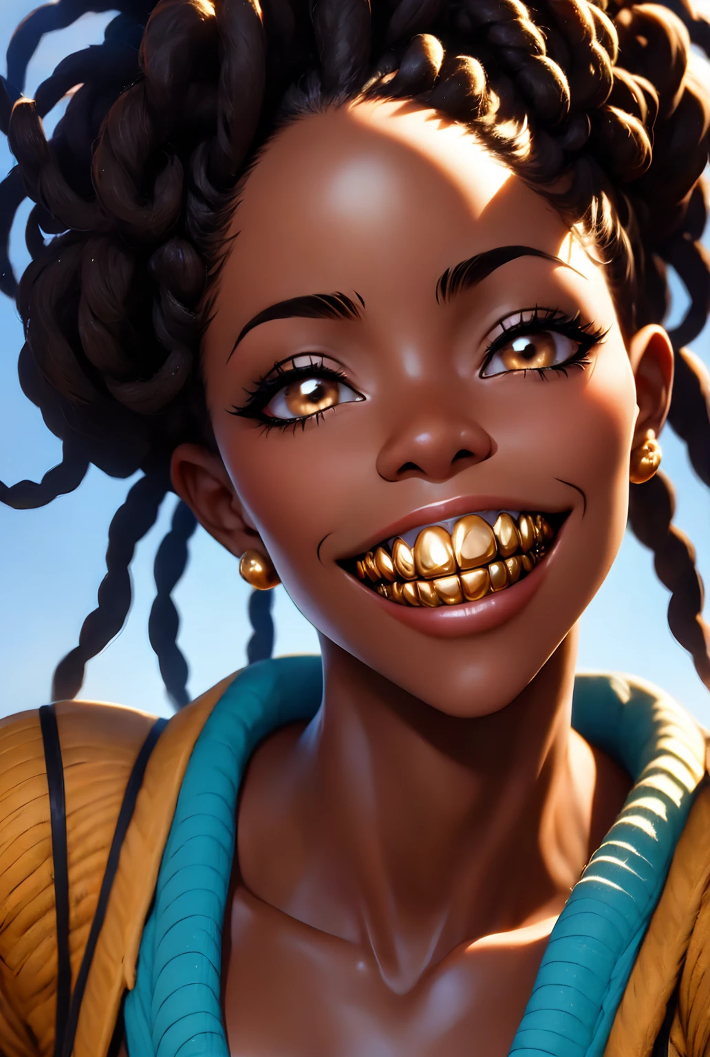 a close up portrait, an African American woman, snarling facial expression, golden teeth, dread loc or afro hairstyle, (photorealistic, HDR, 8K, Masterpiece)