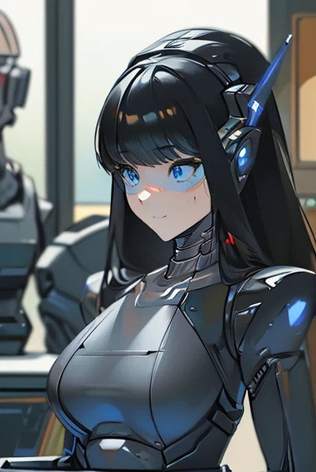 girl, long navy blue hair, blue eyes,blue skin, pointy ears, vampire fangs, engineer, fixing robots, holding tools, futurist, Cyberpunk, Cyborgs, blue aesthetic, black clothes with blue details, high collection, big breasts