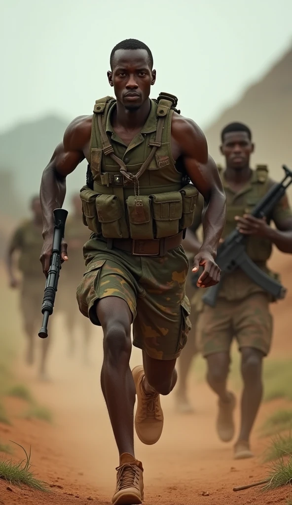((cinematic photo masterpiece, best quality, extremely detailed), looking at viewer, High Detail, sharp focus, . 35mm photograph, film, 8k, hyper-realism))image of a dramatic moment at the Marble Palace, Rashidi, a young soldier and bodyguard to President Kabila, is seen attempting to escape. He sprints from one of the palace offices towards the security fence, only to be shot in the legs by another soldier, Mulumba.
Foreground:
Show Rashidi, around 14-16 years old, lying on the ground in pain, with a clear expression of agony and desperation on his face.
He should be wearing worn military fatigues, with his body positioned to indicate he was mid-sprint before being shot.
Mulumba, also around 14-16 years old, stands a few feet away, holding a rifle aimed at Rashidi, his expression serious and resolute.
Mulumba should be in similar military fatigues, standing in a stance of authority and tension.
Background:
Partially reveal the opulent Marble Palace with its grand marble columns and luxurious details.
Show the tall security fence with signs of Rashidi’s attempted escape.
Kapend, the ADC to the president can be seen in the background approaching the scene.
Details and Emphasis:
Focus on the intense emotions on Rashidi and Mulumba’s faces – Rashidi’s pain and fear, Mulumba’s determination.
Rashidi’s body should be shown mid-fall, with one leg still slightly elevated as if caught in the act of running.
Mulumba should have a firm grip on his rifle, ready to act further if needed, emphasizing his role in stopping Rashidi.