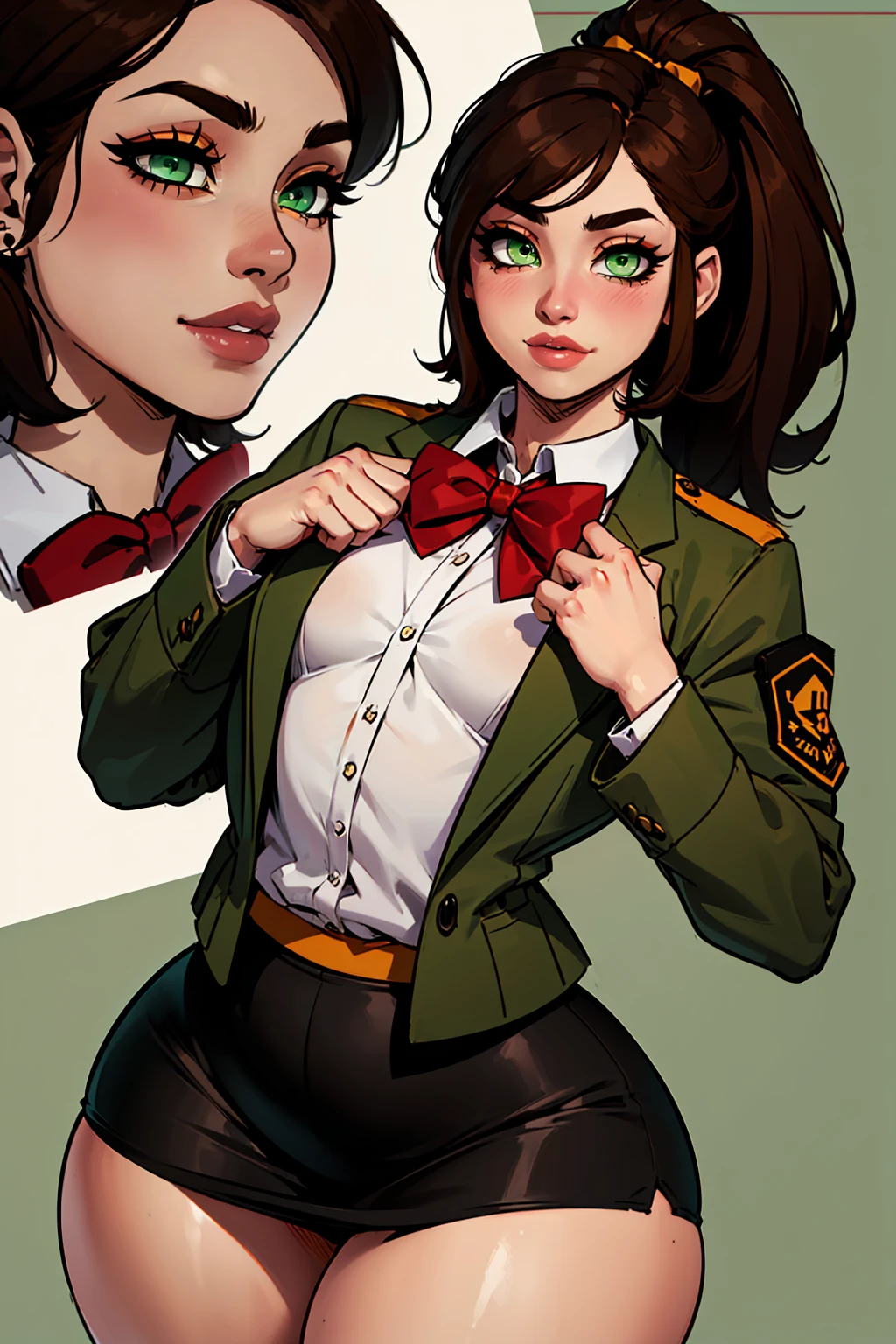 a ((short)),((very young)), ((plump)), (((small chest))) girl,((very wide hips)),thick thighs,((brown hair)),brown eyebrows,((((amber eyes)))),((((very detailed eyes)))),((green school jacket)),((white blouse)),((red bow tie)), ((khaki skirt)),(soft smile),heavy blush, pony tail, school background, noon, medium shot,((detailed hands)),