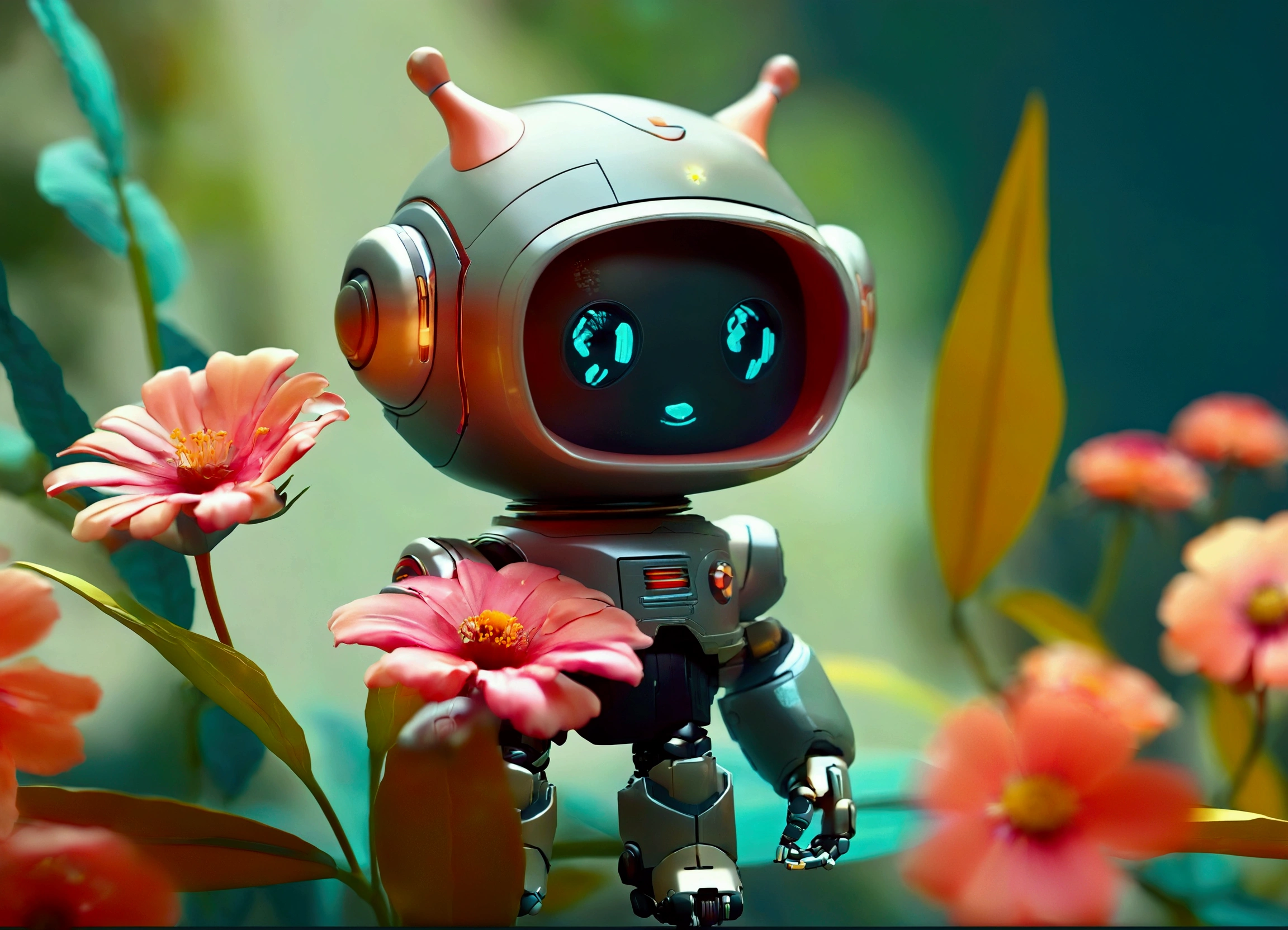  a close up of a robot with a flower in its mouth,  digital art inspired by Beeple ,  trend in polycount , arte digital,  humanoids covered in flowers , Stylized 3D Render,  Beeple rendered in 3D , Nice 3D rendering, robot lindo, robot photography , Stylized 3D rendering, stylized Digital Art
