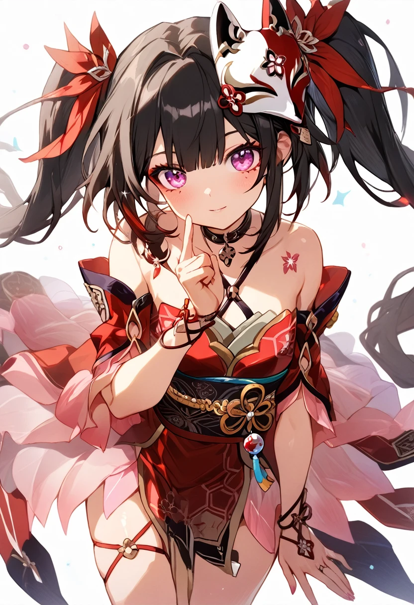 ((best quality, amazing quality, very aesthetic, highres, incredibly absurdres, retouched, smooth lines, excellent color,shiny skin )), sparkle_(honkai:_star_rail)  ,twintails, hair ornament, off shoulder kimono, mask on head, detached sleeves, choker, obi, single glove, cross-laced sandals, wristband, criss-cross halter, thigh strap
,looking at viewer