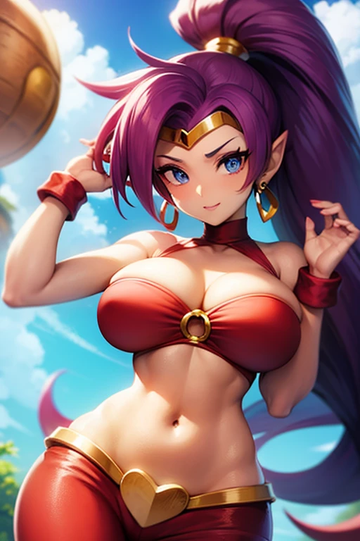 Shantae, red bra, red pants, busty, blue eyes