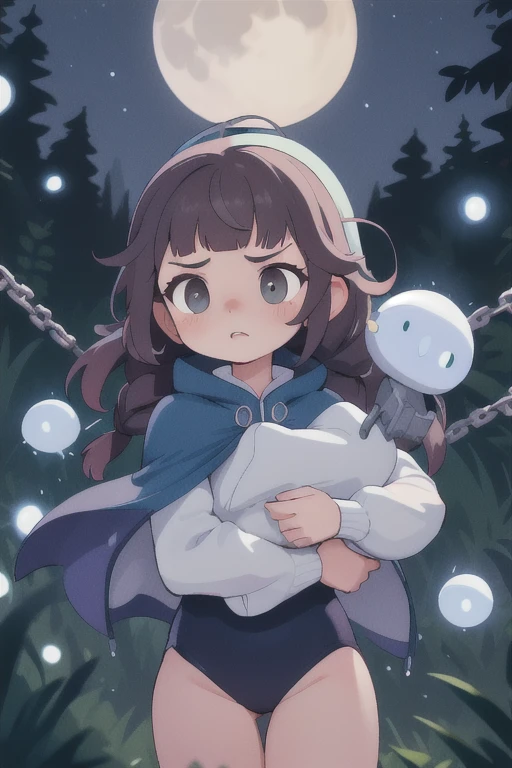 masterpiece,best quality, highres icon,ultra-detailed,avalanche,long hair,braid,french braid,blunt bangs, capelet ,blue  capelet ,long sleeves,cowboy shot,standing,black high leg leotard,Anxious expression、frightened girl、 of chains to my arms and legs、Dark forest at night、Moonlit Night