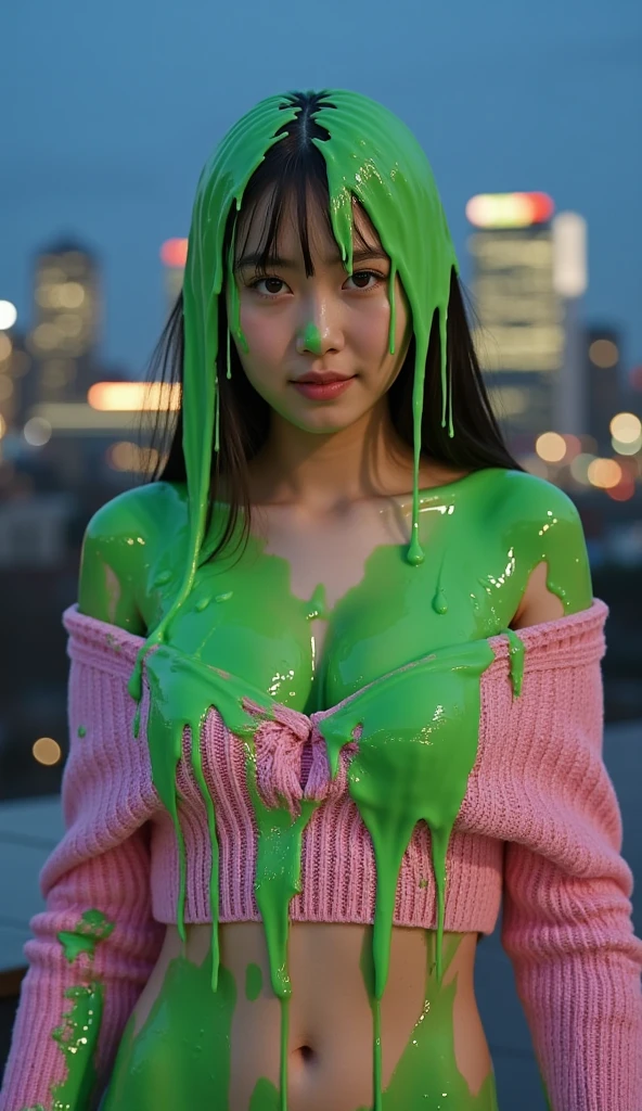 Cinematic photograph of Korean teen covered in dripping green mud Wearing off-the-shoulder pink sweater. f/1.4 aperture. hyper-realistic style. (Korean teen: 1.1). Long fake eyelashes. Slime. 50mm. 8k. Masterpiece. New York city in background. Bokeh. Nighttime. Glistening liquid. Raw photo. Delicate eyes. Instagram influencer makeup. Small cleavage. Korean Instagram influencer. Korean model. Sexy Korean girl. brown eyeshadow. (photorealistic: 1.1).