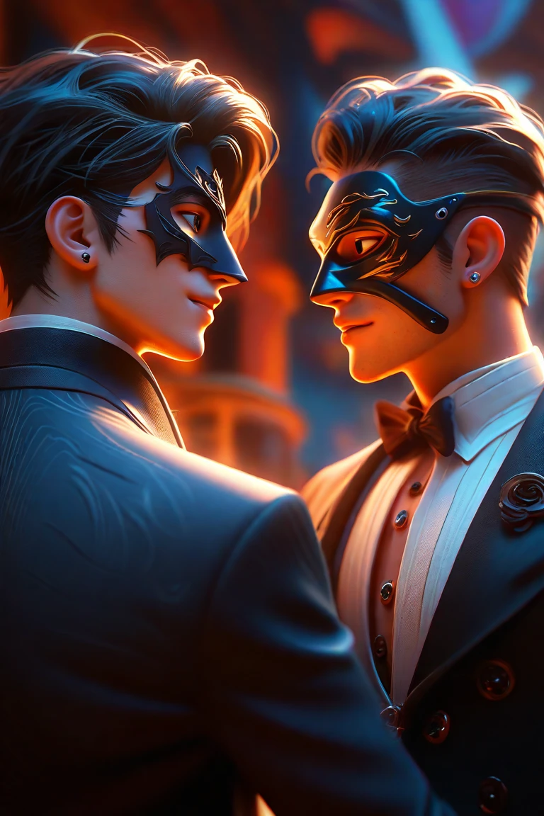 A gay couple dancing at a masquerade ball, one in a mask and black suit and the other in a mask and white suit, facing each other, both looking at each other with an intense look as they dance, the spotlight illuminates them in the ballroom. prom, close up, cinematic lighting, HD, 3D anime, 3D animation, high details, accurate, masterpiece, unreal engine, digital art, concept art, beautiful wallpaper, detailed textures, detailed, anatomically correct