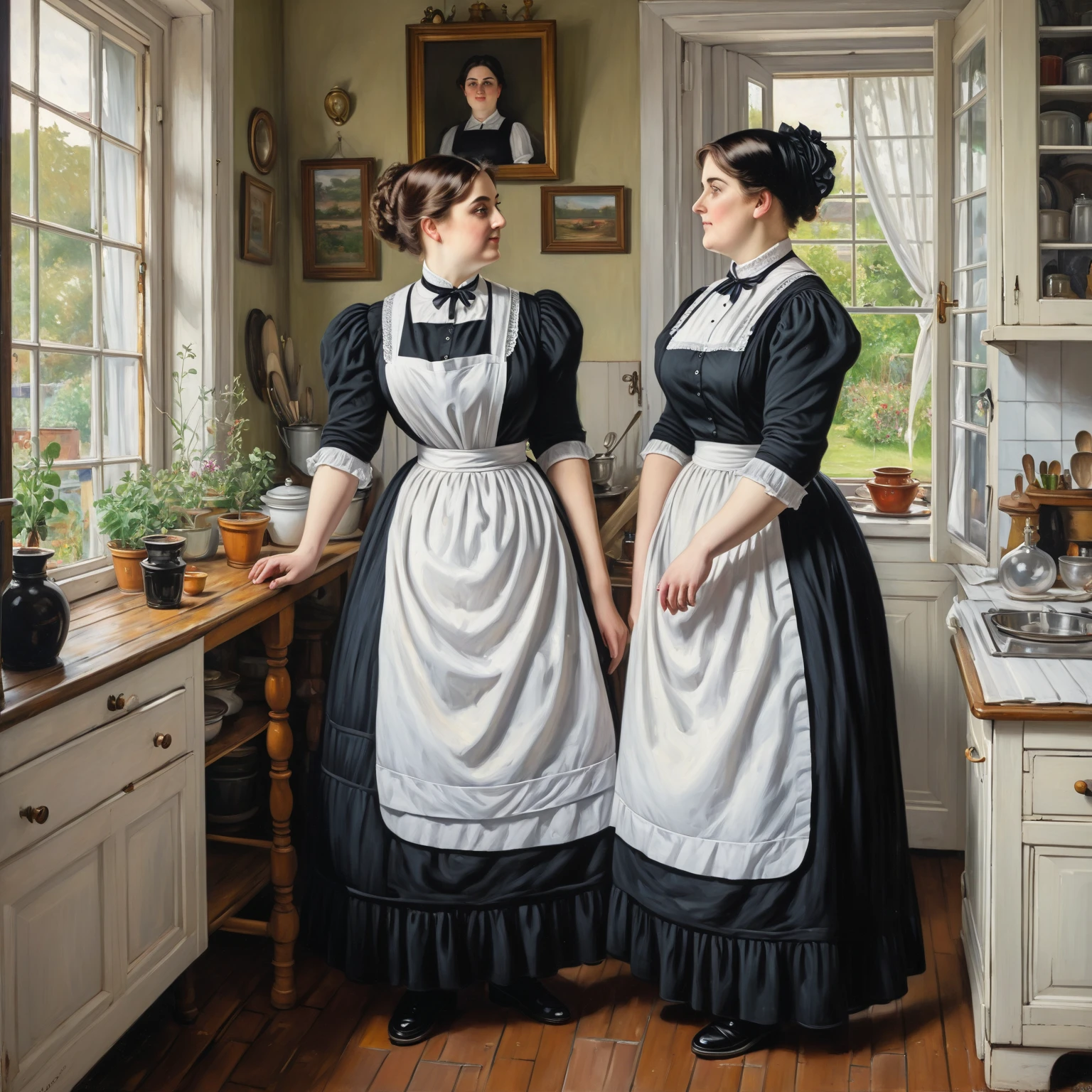 Two very poor old women from the 18th century, in a cottage kitchen, dressed in rags revealing their breasts and pubes, tenderly engaged in intense lesbian seduction.