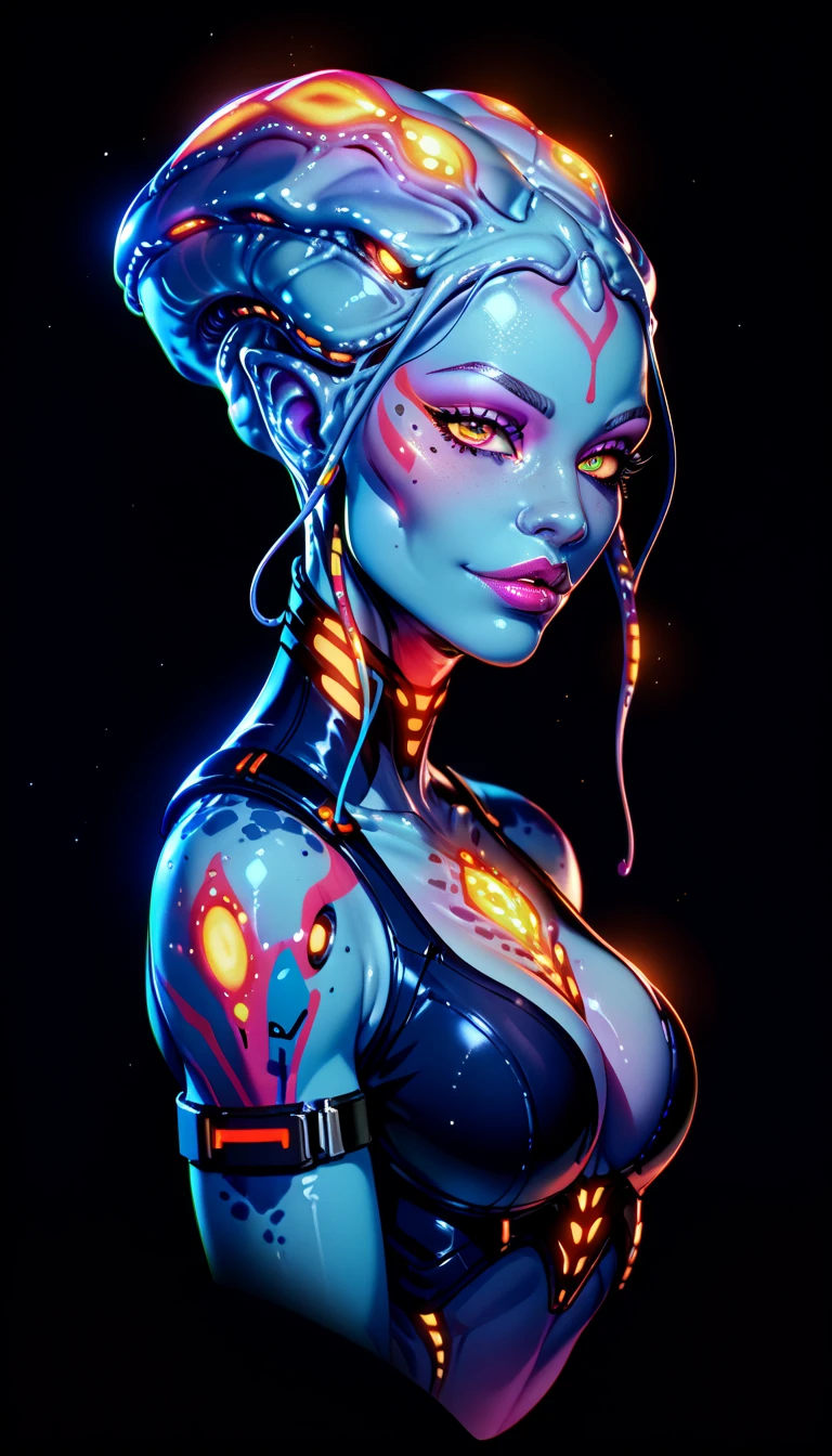 Ancient Extraterrestrial Creature, Alien Being, ((Non-Human)), Female seductive Alien, colorful skin, Revealing Glowing Biopunk, Futuristic Alien clothes, Seductive Alien technology, Black Background, Character Design Sheet