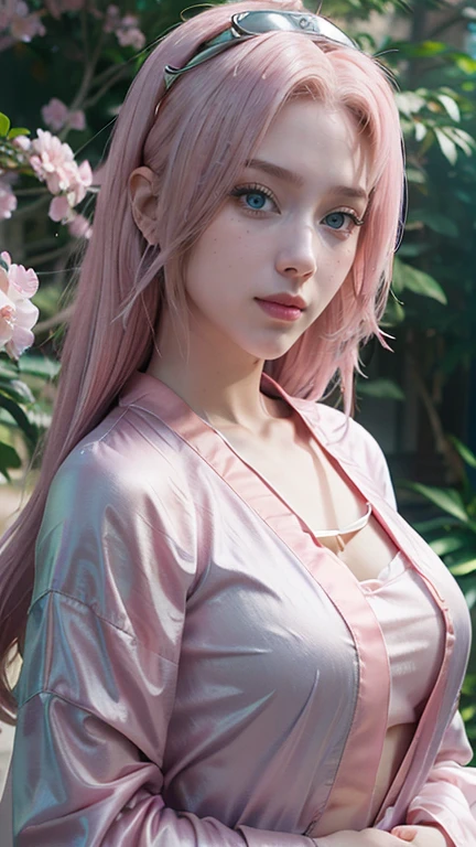 Misuri from demon slayer, realistic, age 25, pure white skin, green pupils, pink long side hair,  white and pink clothed samurai dress, perfect face, perfect shape body, large breasts, clothes covered upper body, 3d .