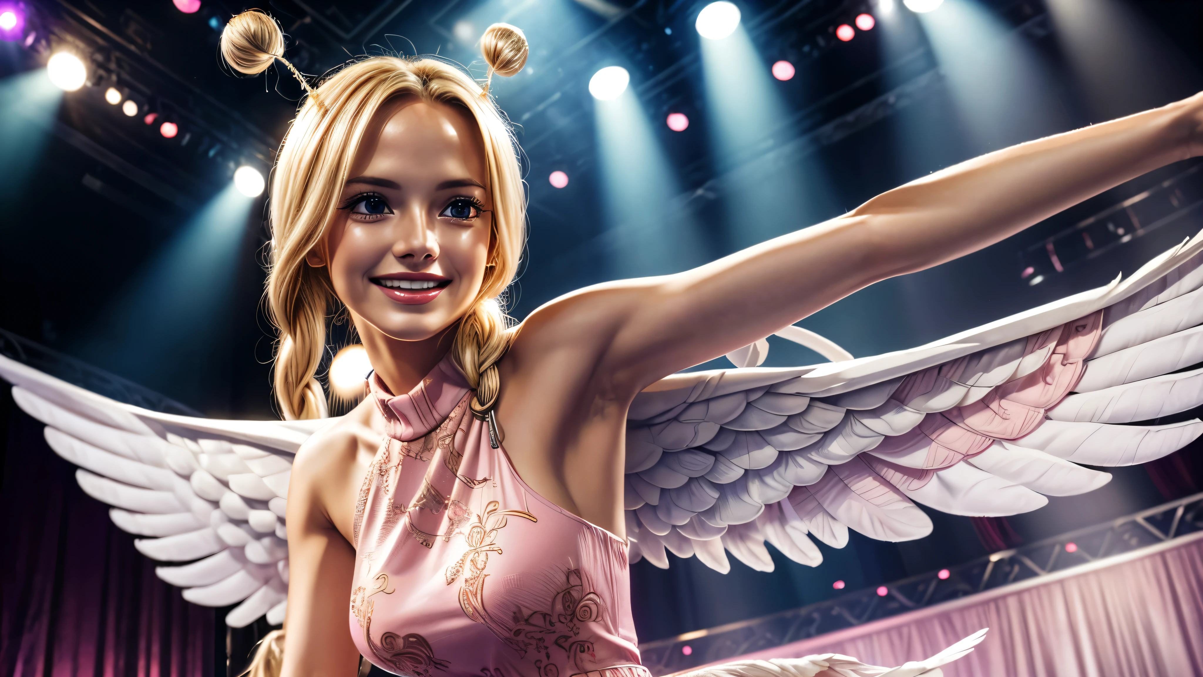 masterpiece, best quality, extremely detailed, hyperrealistic:1.1, photorealistic, a beautiful 20s european model, ultra detailed face:1.1, blonde hair, twin braid, white feathered wings, pink dress, smiling, on live stage, stage lighting, dancing, strenuous movements, from below, dynamic angle
