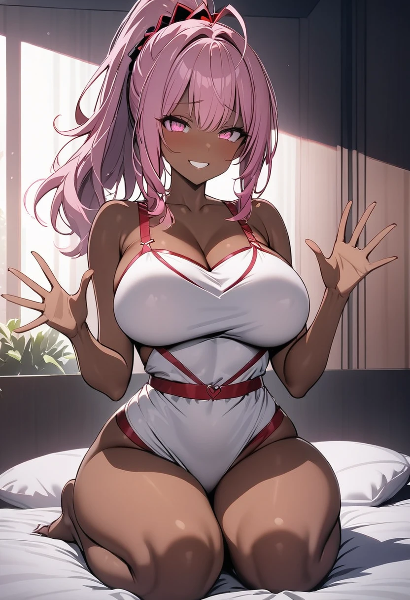 1 woman, pink hair, dark skin, pink eyes , ponytail, waving hands, playful smile,  black and red lingerine, sexy, background a room. mischievous look, doing a seiza in the bed