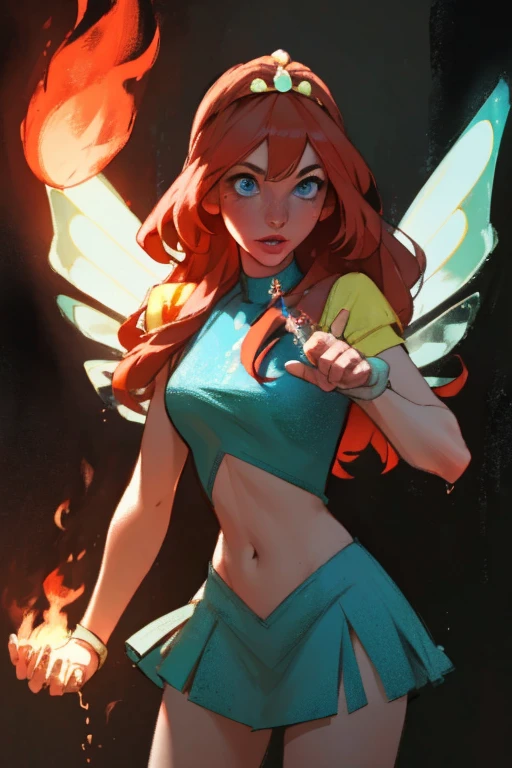 (Bloom), (orange hair, blue eyes, bangs, long hair), (fairy outfit), (blue croptop, blue skirt, sparkling clothing, fairy wings, tiara), (holding a flame, manipulating fire), fire surrounding subject, (realistic:1.2), (masterpiece:1.2), (full-body-shot:1),(Cowboy-shot:1.2), neon lighting, dark romantic lighting, (highly detailed:1.2),(detailed face:1.2), (gradients), colorful, detailed eyes, (detailed landscape:1.2), (natural lighting:1.2), (dynamic pose:1.2), (solo, one person, 1girl:1.5),