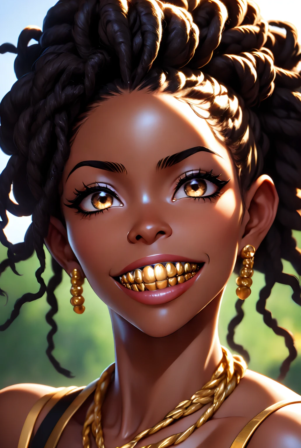 a close up portrait, an African American woman, snarling facial expression(upper lip heighted on one side), golden teeth, dread loc or afro hairstyle, (photorealistic, HDR, 8K, Masterpiece)