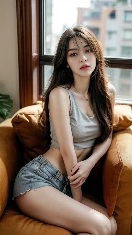 realistic, ultra detailed, whole body photo display, a 23 year old girl, wearing a crop top and plain shorts, naughty expression, no makeup, bare face, beautiful face, sweet face, hands 1:3, ((small breast, perfect round :1.1)), perfect color grade, shot taken from far sideway, 1girl, (hdr, hyperdetailed :1.2), (8k, detailed skin :1.3), highly detailed face texture 1:1, sexy pose, bokeh, rule of third, soft lightning, petite, apartment living room background :1.1, sitting on the chair :1.1, sit next the window, 