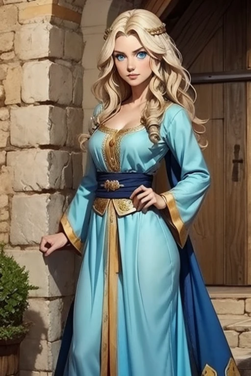 A character from an RPG, ,  with wavy hair and blue eyes, wearing beautiful medieval clothes  