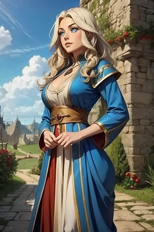 A character from an RPG, ,  with wavy hair and blue eyes, wearing beautiful medieval clothes  