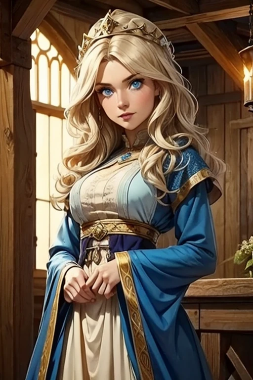 A character from an RPG, ,  with wavy hair and blue eyes, wearing beautiful medieval clothes  