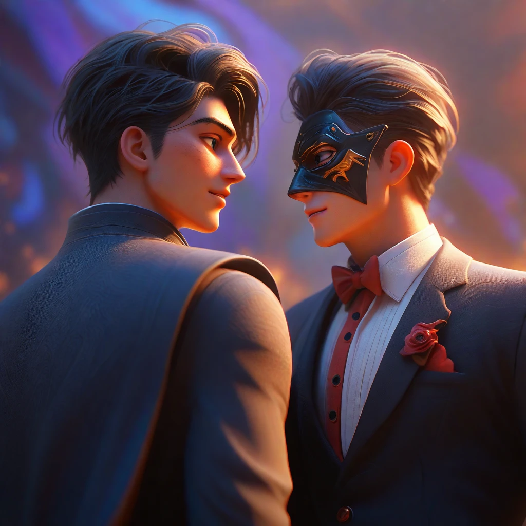 A gay couple dancing at a masquerade ball, one in a mask and black suit and the other in a mask and white suit, facing each other, both looking at each other with an intense look as they dance, the spotlight illuminates them in the ballroom. prom, close up, cinematic lighting, HD, 3D anime, 3D animation, high details, accurate, masterpiece, unreal engine, digital art, concept art, beautiful wallpaper, detailed textures, detailed, anatomically correct