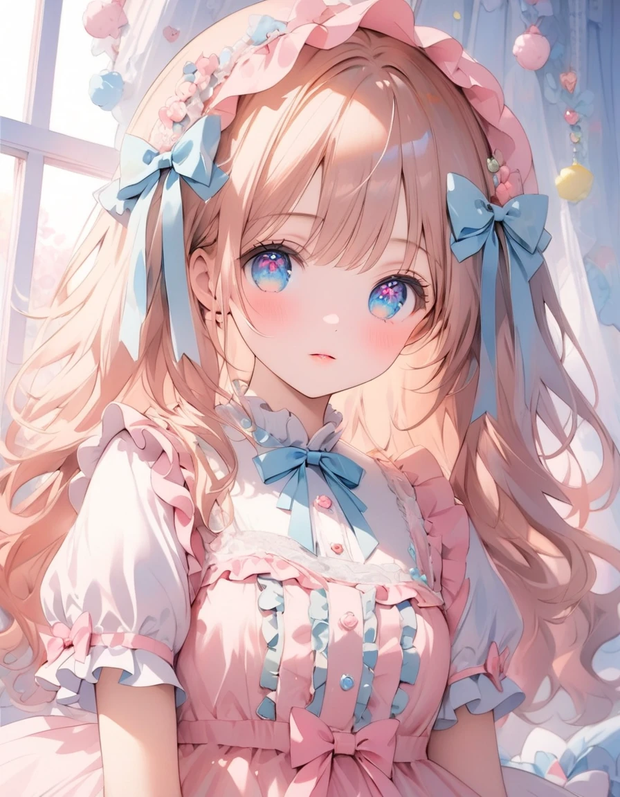 ((ultra quality)), ((ultra detail)), ((top quality)), pastel colored fluffy cute dress, frills and lace and ribbon, (sweety bedroom:1.2), cowboy shot, portrait, hyper detail face, hyper beautiful eyes, ((anatomically correct)), (((correct hand))), soft lights, soft edge, RAW photo, mixed technique of oil painting and watercolor, 