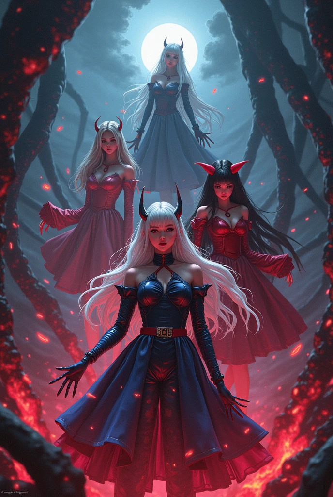 3 vampiros homens, 1 vampira mulher, Castlevania, (detalhado), castelo sombrio de fundo, noite, lua.