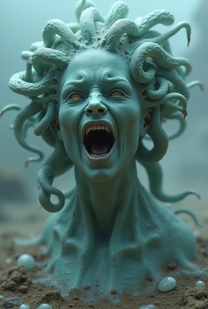 Medusa en pomepella,ojos penetrantes,ojos verdes rubi,hermosura incomparable,peligro,volcan en erupcion,detallado,alta calidad,8k,detallos intrincados
