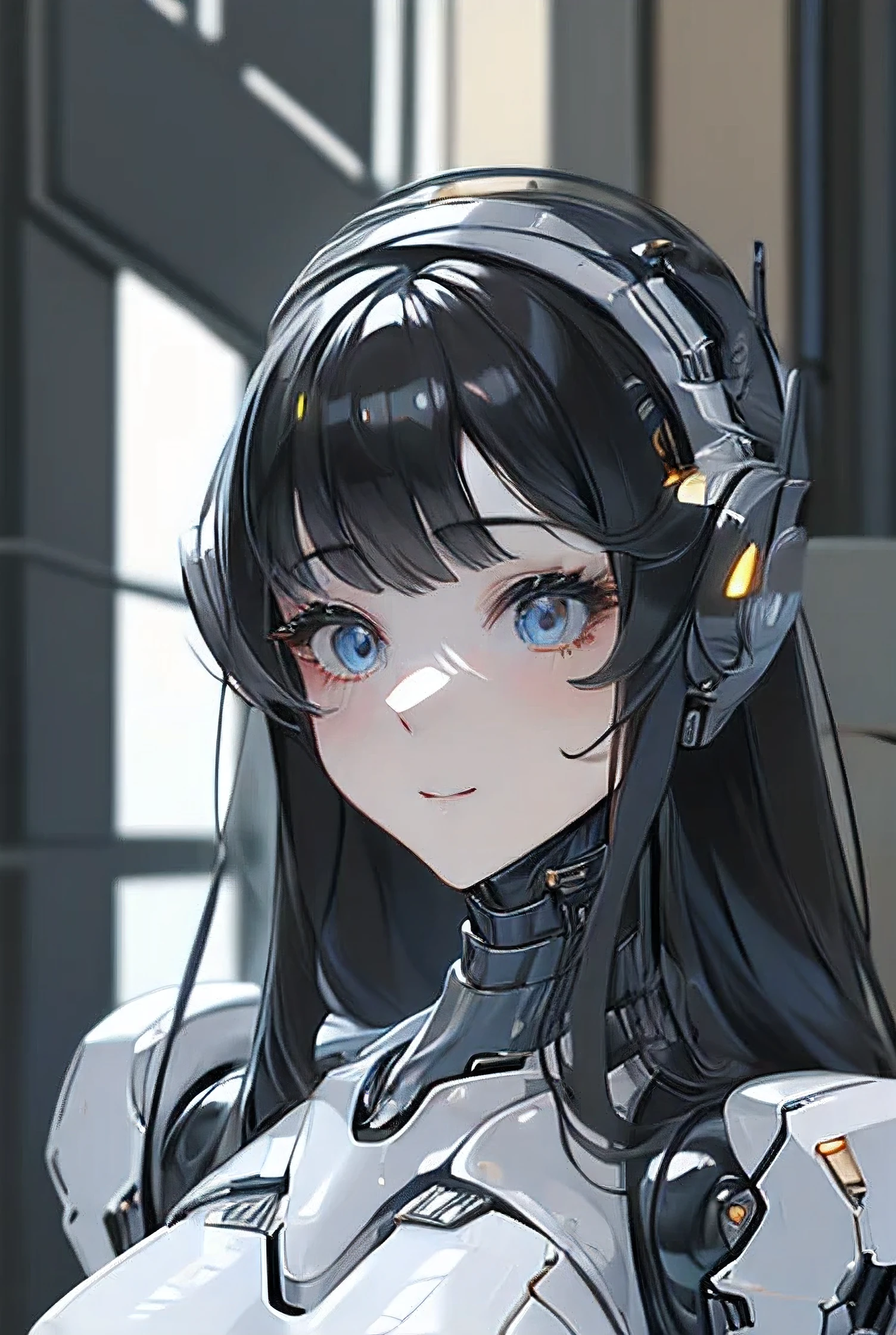 (masterpiece),(Highest quality),(Super detailed),(Best illustrations),(Best Shadow),(Absurd),(Detailed Background),(so beautiful), 16K, 8K, 4K,(Best Shadow),robotization,woman ,big bust,Robot Joint ,Metal skin,Black robot Suit,long hair,a black robot suit that covers the whole body,robot hand,cyber bodysuit,mecha head,(Detailed hands and fingers:1.2),Ball joint robot body,doll joint,beautiful face,beautiful robot girl,robotic eye,robotic hands,(no more human skin),android girl,cyborg girl,F cup, sexy body,(machine made joints:1.2),(machanical limbs:1.1),(blood vessels connected to tubes),(mechanical vertebra attaching to back),(mechanical cervial attaching to neck),no messy picture style,no emotion,tech control,black robot suit,maintenance,smile