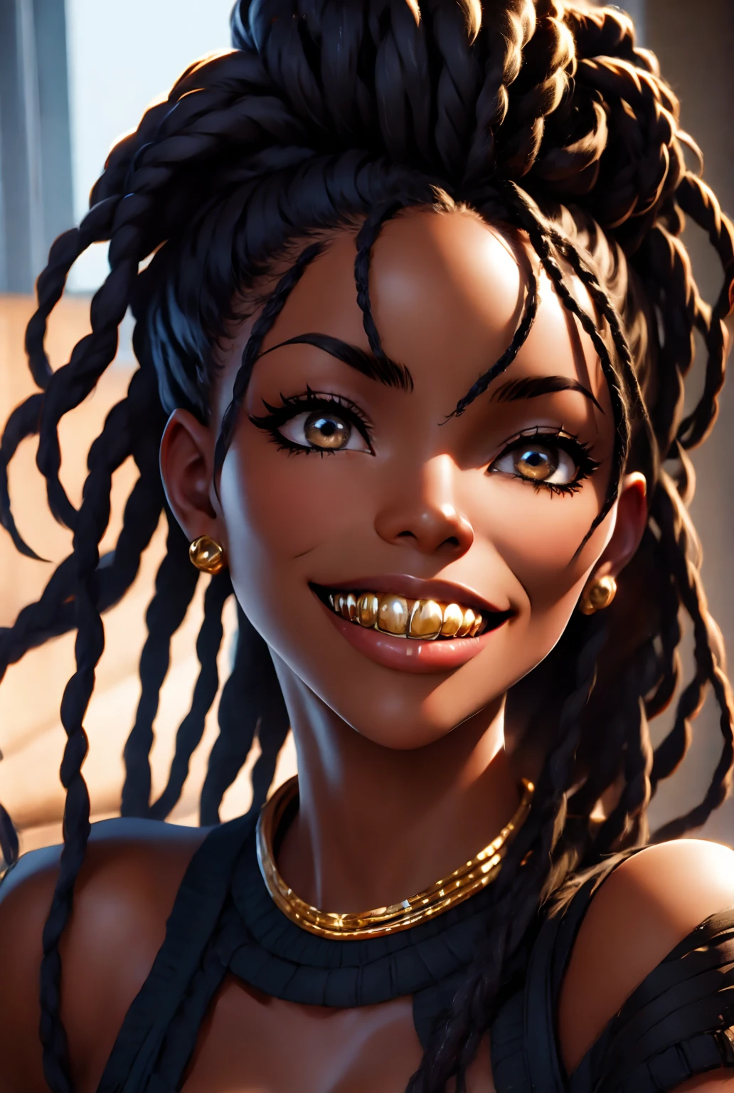 a beautiful african american woman, snarling fierce facial expression, golden teeth, dreadlocks hairstyle, intricate detailed face, realistic, photorealistic, 8k, hyperrealistic, masterpiece, vibrant colors, dramatic lighting, cinematic composition, chiaroscuro lighting, moody atmosphere, dramatic lighting, highly detailed, photorealistic, hyper detailed