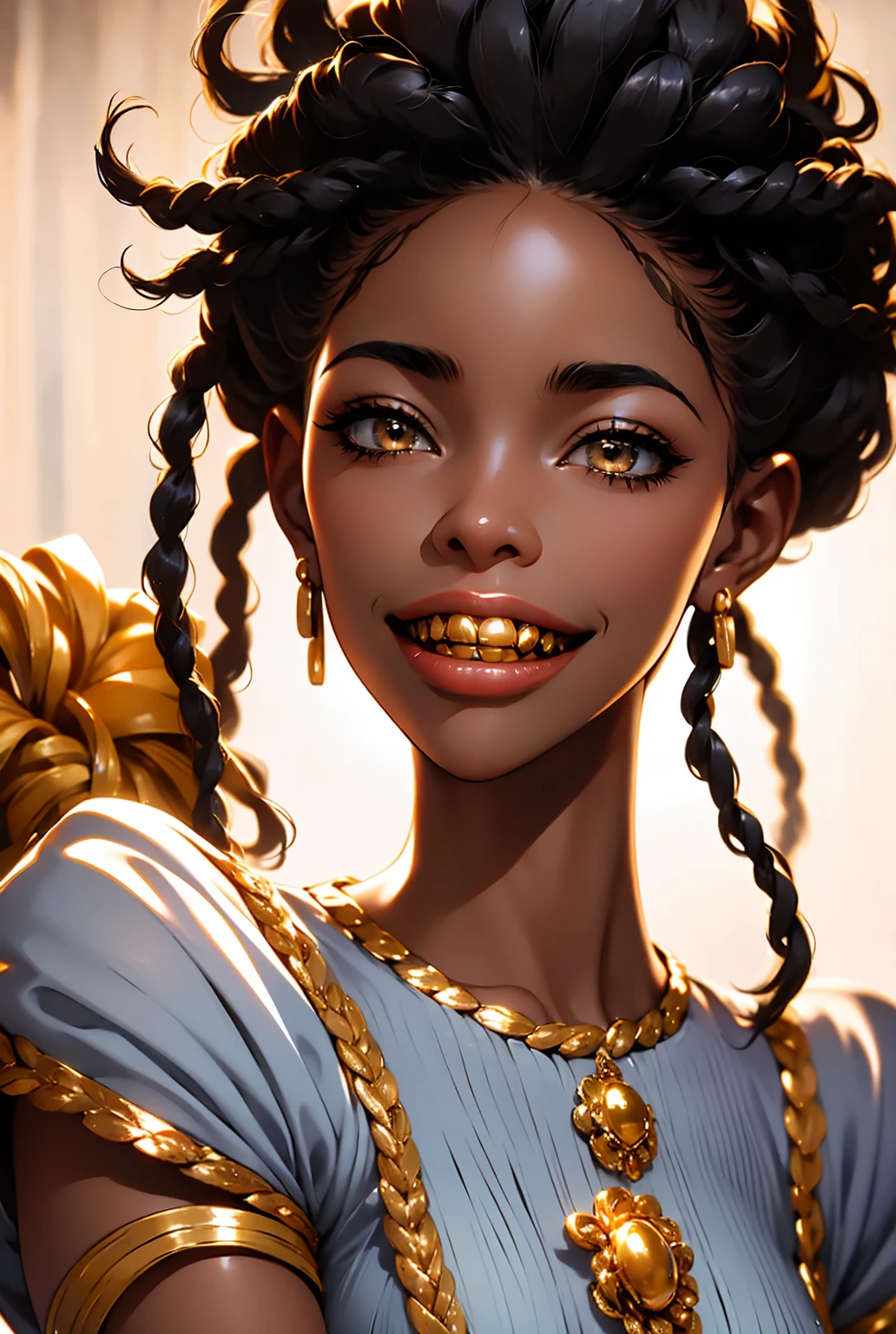 a close up portrait, an African American woman, snarling facial expression(upper lip heighted on one side), golden teeth, dread loc or afro hairstyle, (photorealistic, HDR, 8K, Masterpiece)