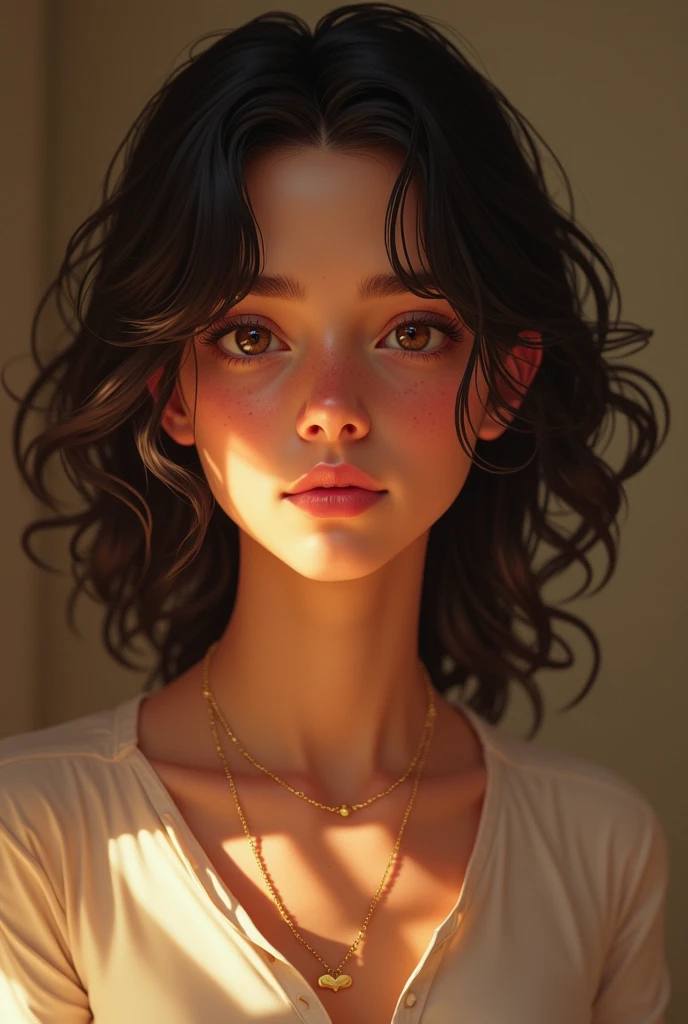 photo realistic woman, woman dark brown eyes, brown hair, penetrating and sweet look, freckles on face, ultraHD, surrealistic style, angel, detailed face --auto --s2