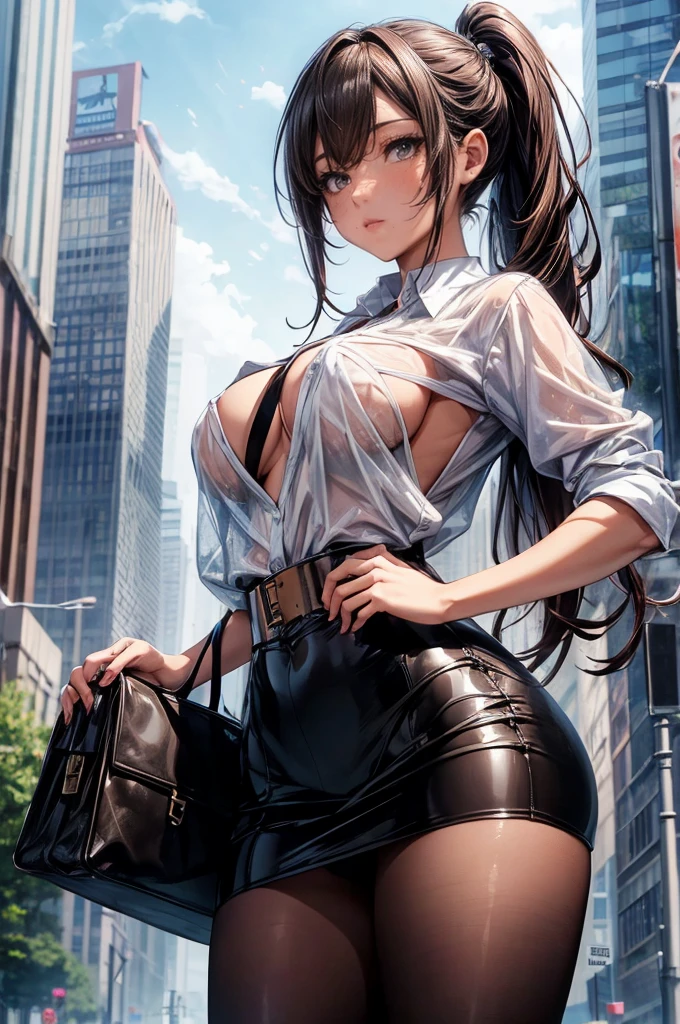 (masterpiece, Highest quality), Intricate details, 8k, Art Station, wallpaper, Official Art,  Sharp focus, One girl,Toned body、 Long Hair,ponytail,  Brown Hair, NSFW,No bra,See-through nipples、Slut、 office lady,White patent leather shirt、Black enamel tight skirt、tights、 printing, Hanging eyes、Cold Eyes , Muddy eyes、skyscraper, city, building, car, street,