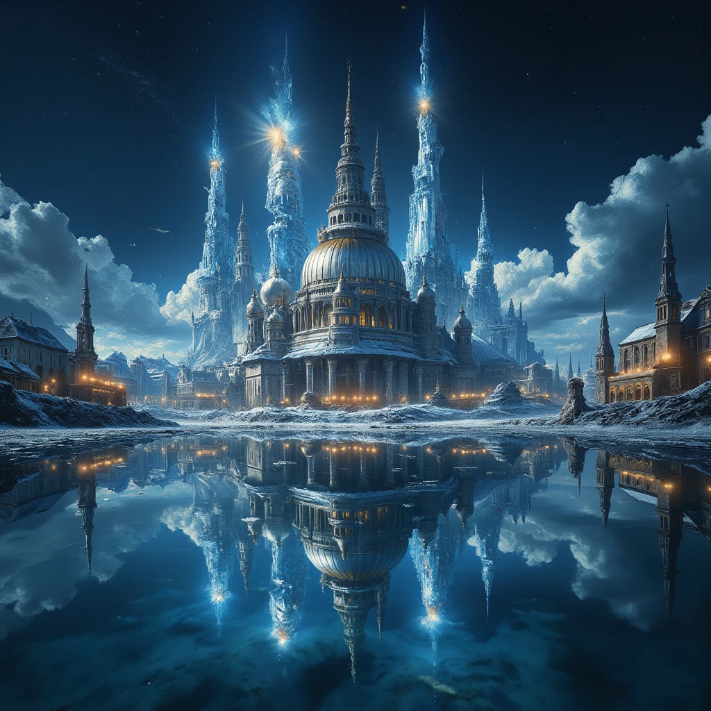 A large expanse of water in space, with images of beautiful historical cities reflected in it.close up of beautiful reflection