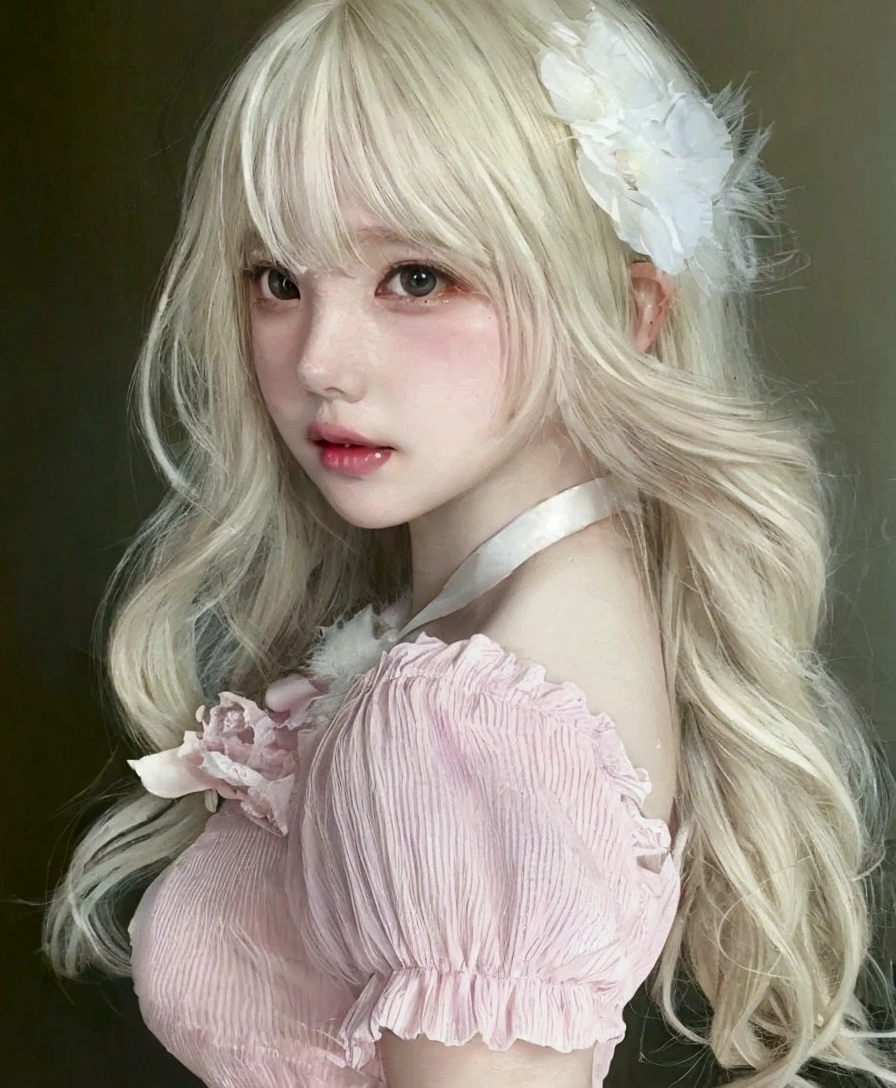 EUNHA blond haired girl with long white hair and a white flower in her hair, long white hair and bangs, with white long hair, white hime cut hairstyle, with long white hair, girl with white hair, anime girl cosplay, pale milky white porcelain skin, blonde anime girl with long hair, anime girl in real life, belle delphine, extremely pale blond hair eunha jung eunha gfriend