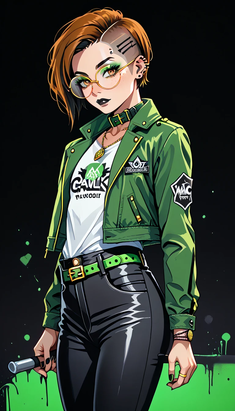 1boy;Androgynous;dark auburn punk undercut hair;gold eyes;freckled skin;toned,athletic body;black lip gloss;black eyeliner;green eyeshadow;sharp black nails;round glasses;black tight full shirt;black cargo pants;green belt;Green Canvas Jacket;Combat Boots;amber pendant;green collar;pierced ears;GothMOONXL
