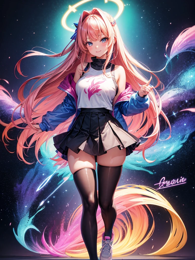 1girl, pink hair, multicolored hair, short clothes, rabbit ear, side lighting, light particles, wallpaper,