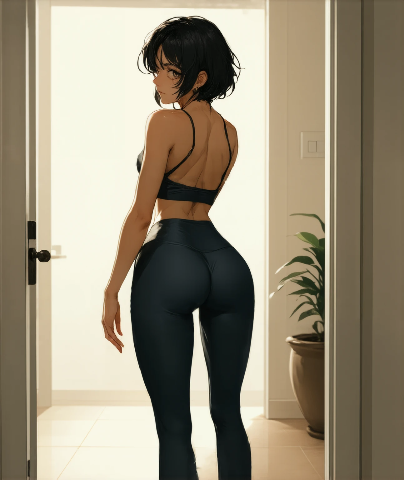 1 woman, Short haired woman, softly tousled hair, semi-realistic anime style, woman with her back turned, woman's right hand leaning on the door frame, round and slightly large ass, narrow waist, medium breasts, beautiful face, woman looking back in profile, profile view of face, woman with black eyes, woman with black hair, softly tanned woman skin, Curvy legs, perfect legs, long legs, thick legs, shapely legs, narrow waist, flat stomach, wide hips, large breasts, huge ass, perfect breasts, huge ass, big butt ass, milf body, milf legs, noticeable legs, perfect legs, perfect hands, perfect feet's, Full body view, full body photo, extremely tight leggings, micro top, top does not cover half of the back, top showing the underboobs, 3/4 view of the woman's body, hallway background, light on, warm light, soft light, light bounces off the woman's body, light bounce on women's tight leggings, large flower pot in the background in the hallway.