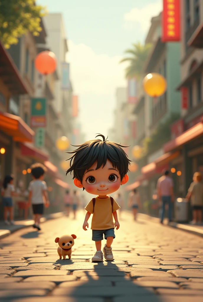 A  child walking on the street facing backward 
with bear foot