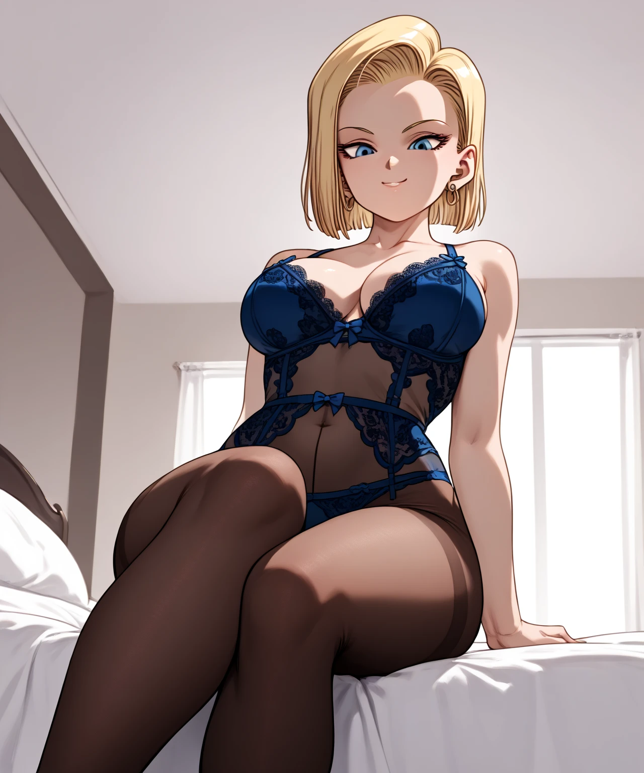 best quality, highres, 1girl, android 18, solo, blonde hair, blue eyes, short hair, earrings, large breasts, from below, smile, sexually dominant woman, cross legs, pantyhose, sitting, push hair back, sexy lingerie, bed room,