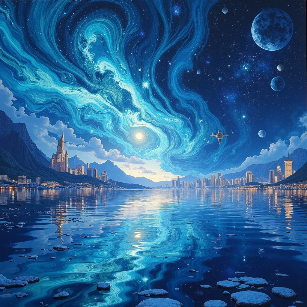 A large expanse of water in space, with images of beautiful earth cities reflected in it.