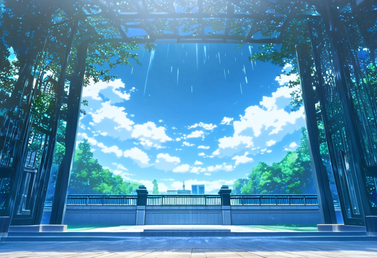 Masterpiece, best quality, 4K, Absurd Resolution, Anime background, anime screencap, modern_bg, anime_bg, Visual novel background, anime wallpaper, japanese school gate, a building with a fountain and a clock tower