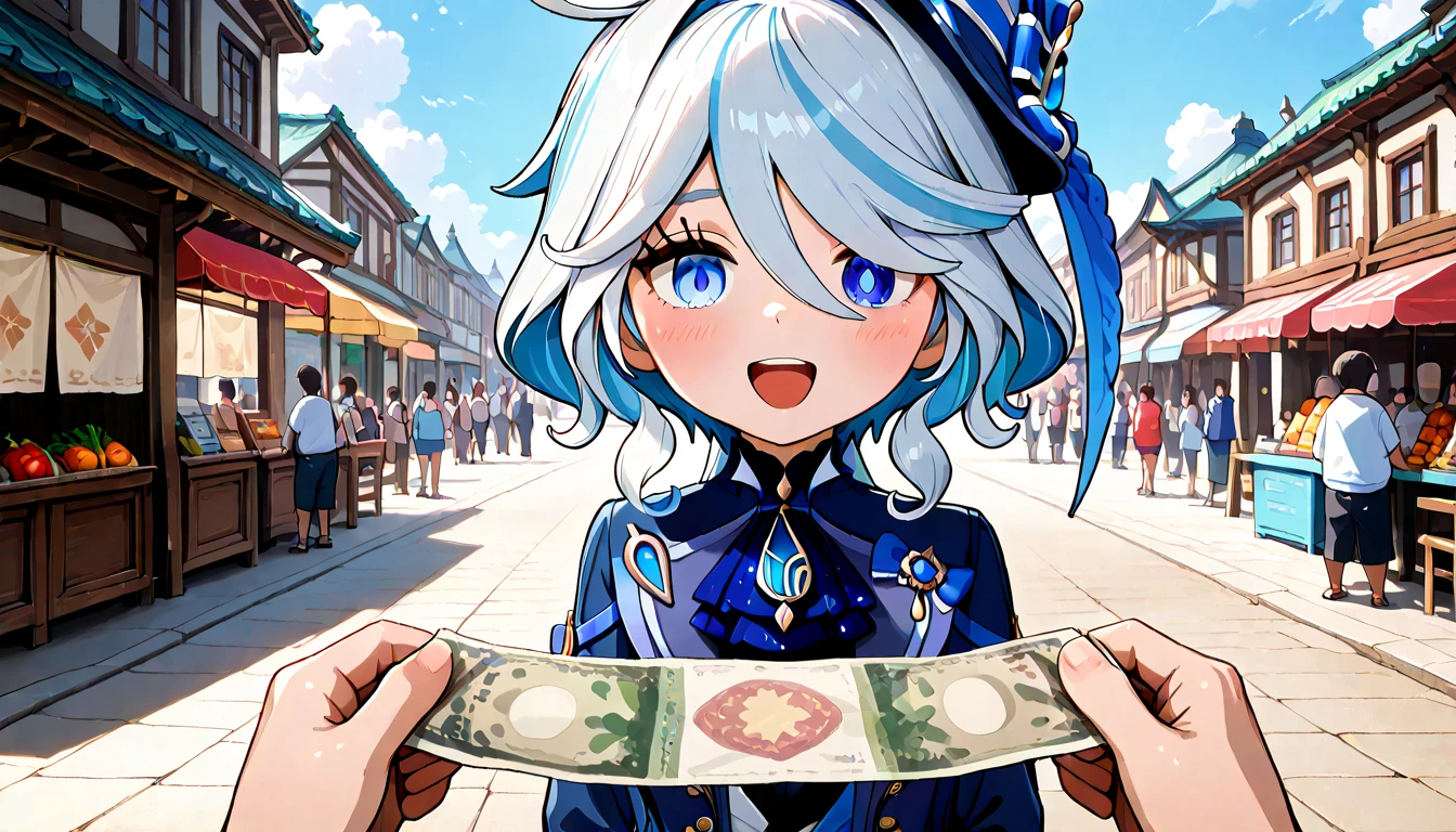 ((top quality)),((masterpiece)),((perfect face)),(ultra-detailed),ultra high res, 8k, 2girls, torso, nahida (genshin impact), furina (genshin impact), girl at vegetable stall, vegetable stall, girl giving money, streets, crowd, (very aesthetic:1.2), (absurdres:1.2), (detailed background), (antialiasing),(anime screencap),newest, perfect anatomy,